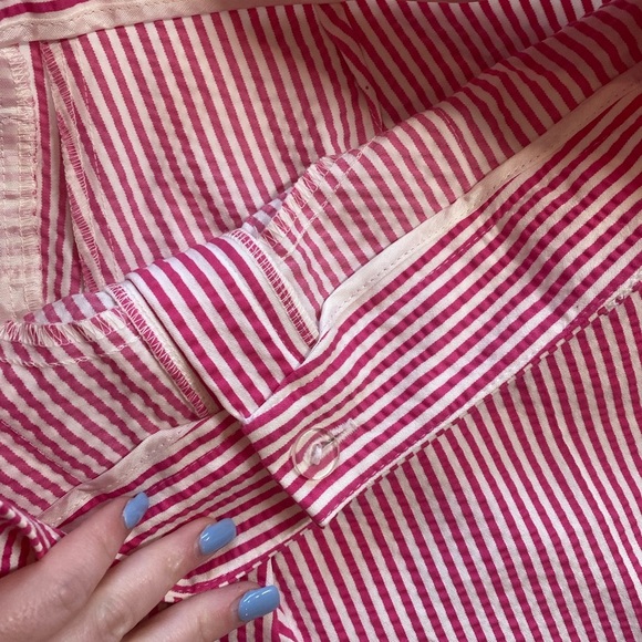 Trina Turk's bright pink and white striped seersucker wide leg pants - Picture 6 of 10